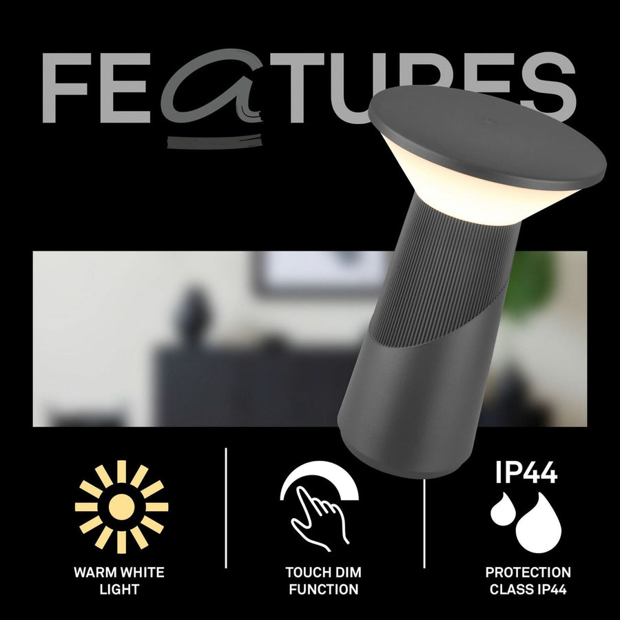 Lampe à poser d'extérieur LED rechargeable Pilia en métal, anthracite et blanc, Ø 15 cm, IP44