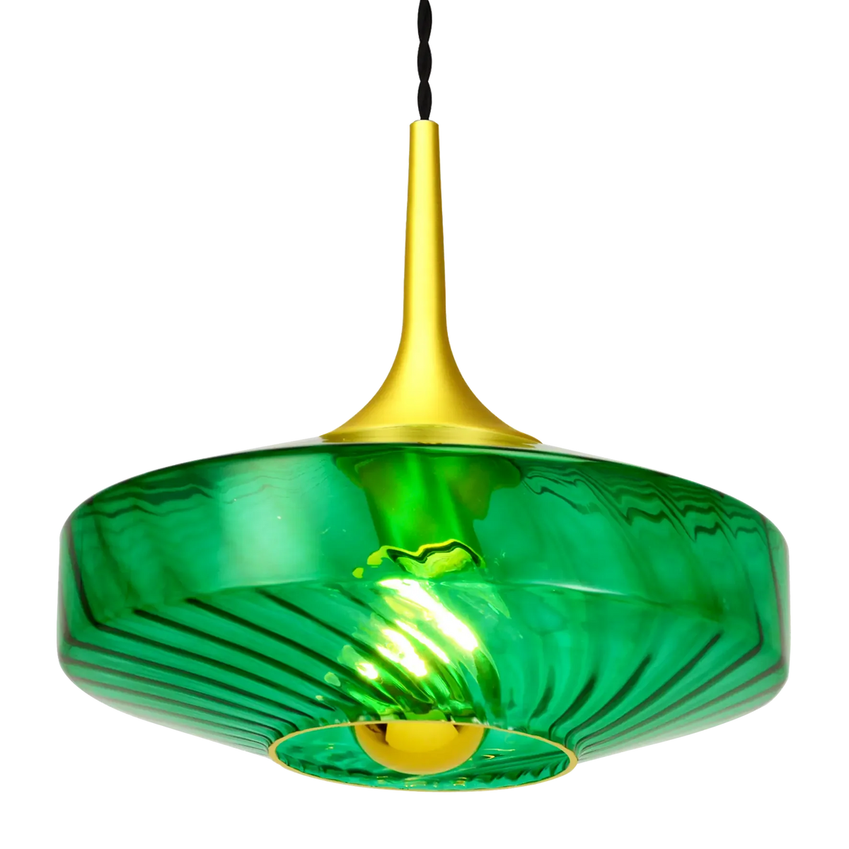 Version verte du luminaire isolée sur fond blanc, abat-jour en verre strié transparent.