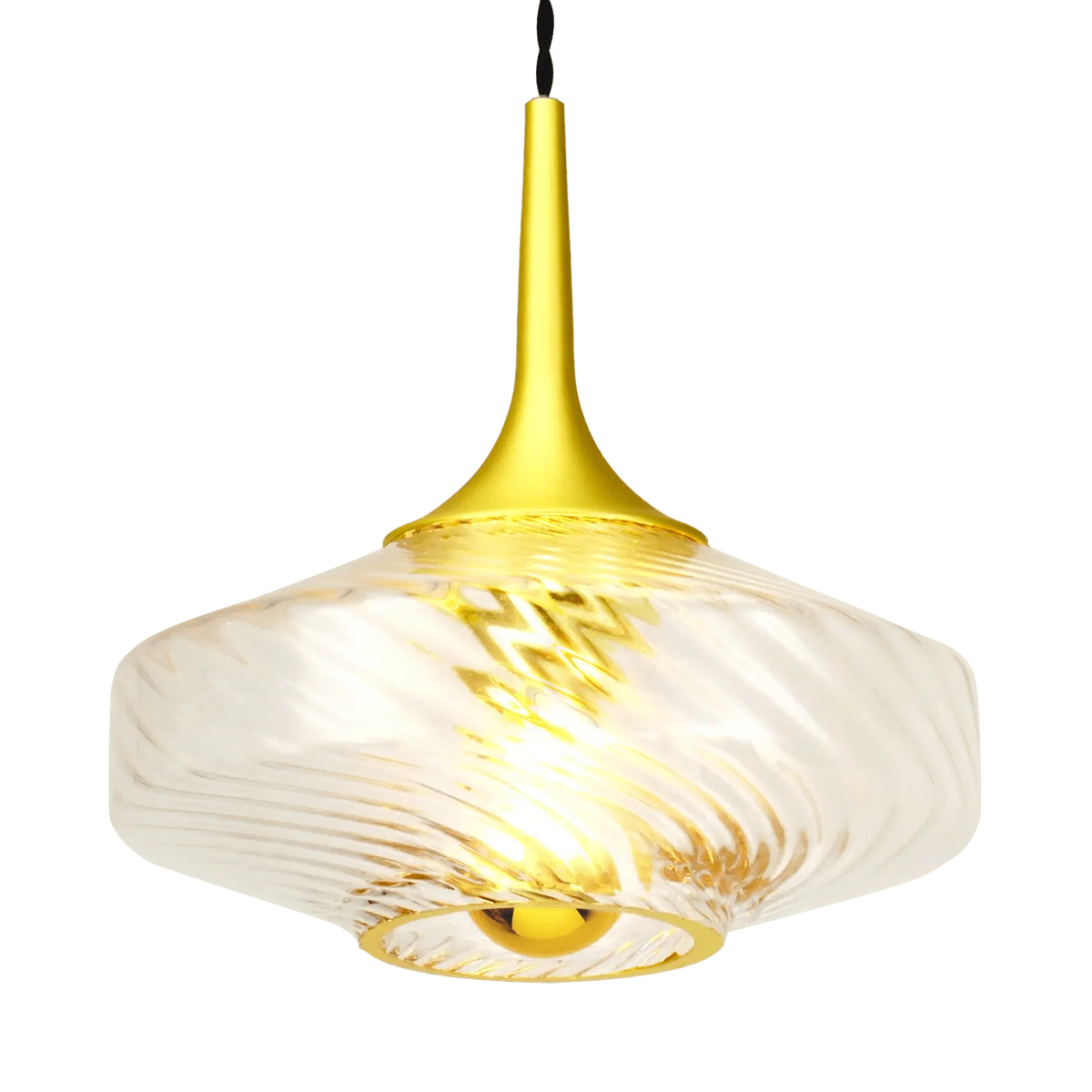Produit de face sur fond blanc, verre transparent et monture dorée brillante.