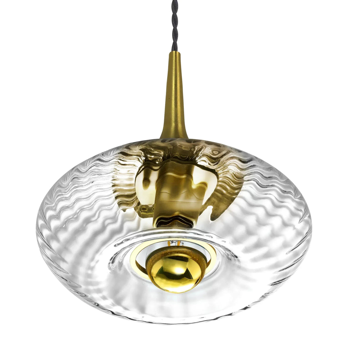 Vue de face du luminaire en verre transparent texturé et finition dorée