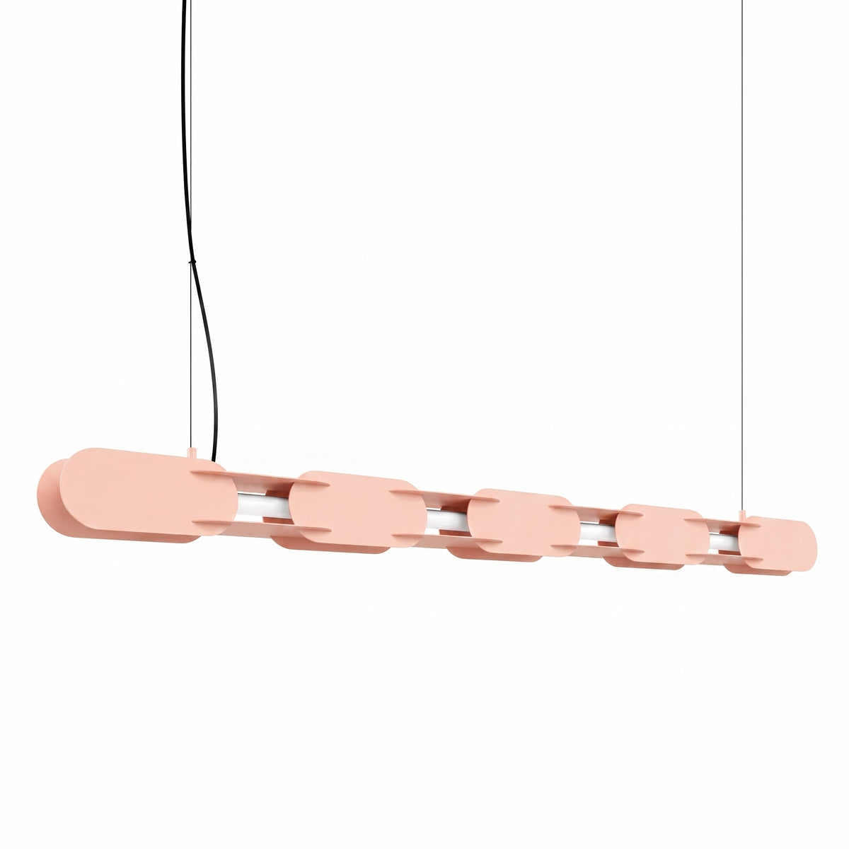 Modèle rose pâle suspendu, câbles fins et structure segmentée en métal laqué