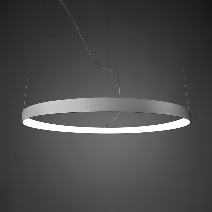 Anneau suspendu éclairé, structure aluminium blanc et bandeau LED bas