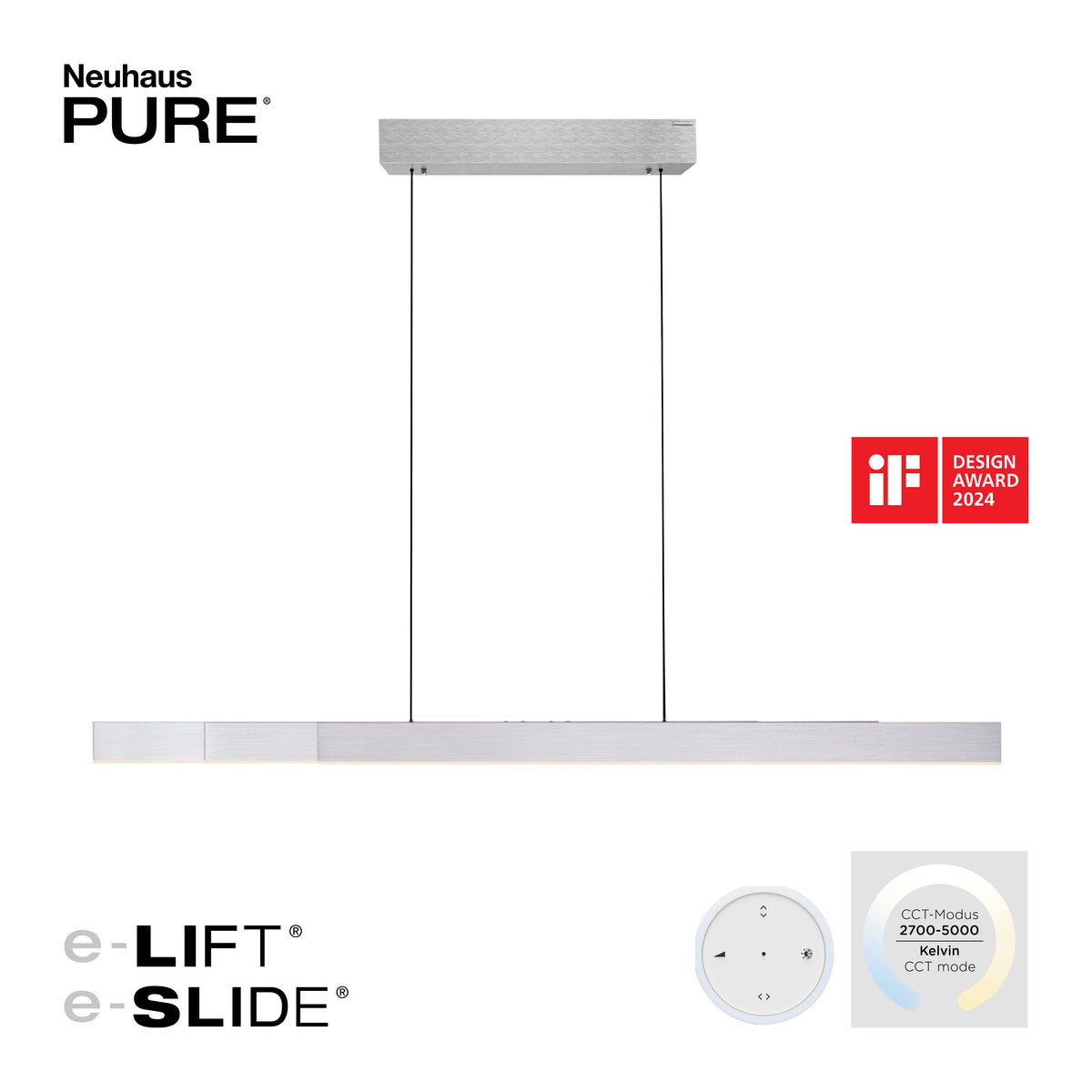 Présentation du produit avec logo, récompense design et télécommande de réglage.