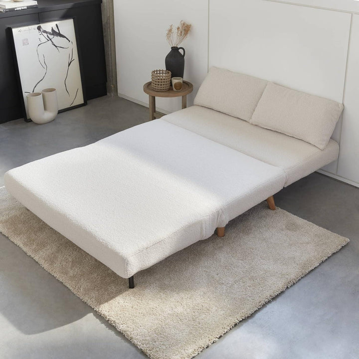 Alice'S Home - Canapé Convertible En Tissu Bouclettes Blanches- Guesta - 2 Places Scandinave. Pieds Bois Foncé. Banquette. Dossier Inclinable | Designix -     - https://designix.fr/