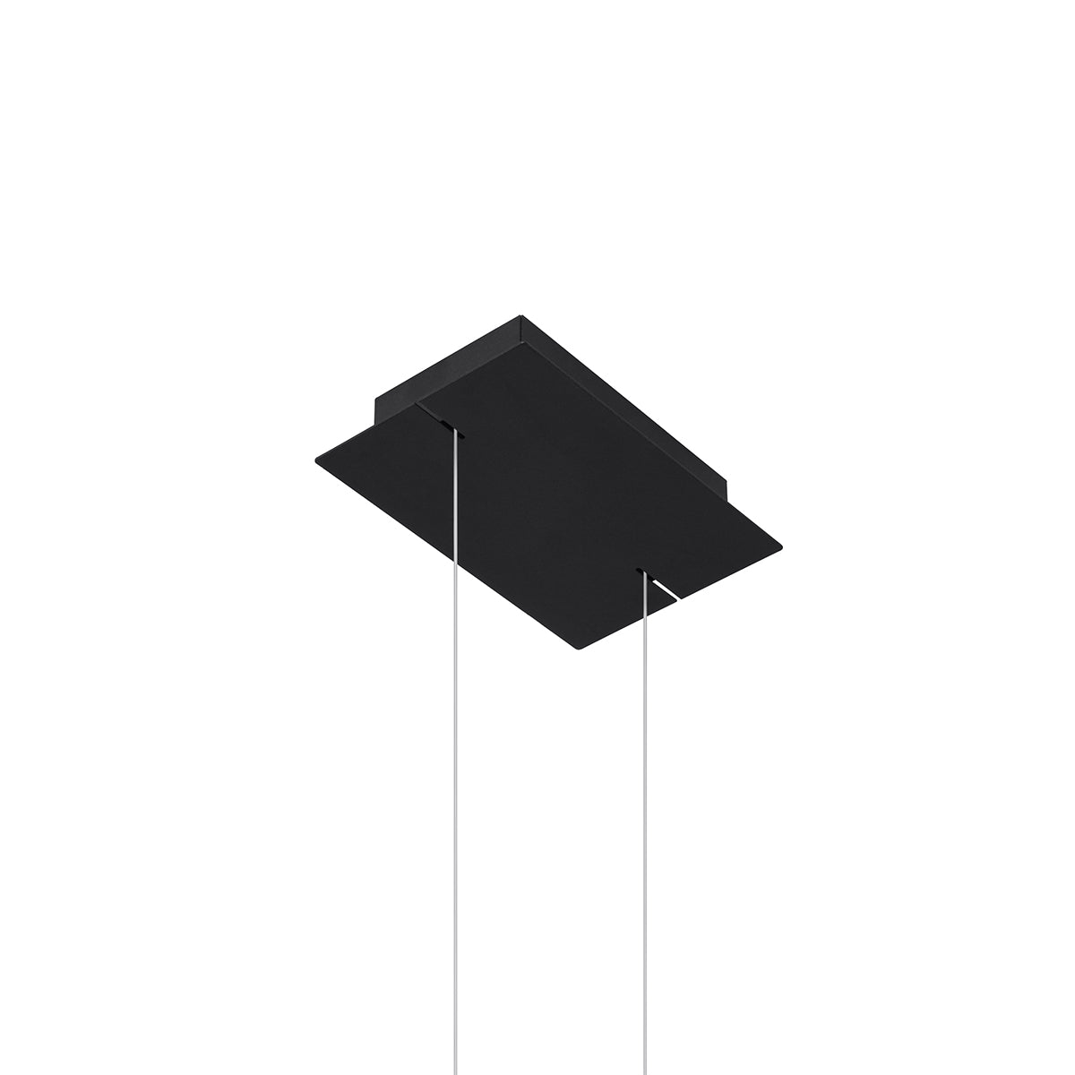 Détail de la platine de plafond noire rectangulaire et des deux câbles de suspension