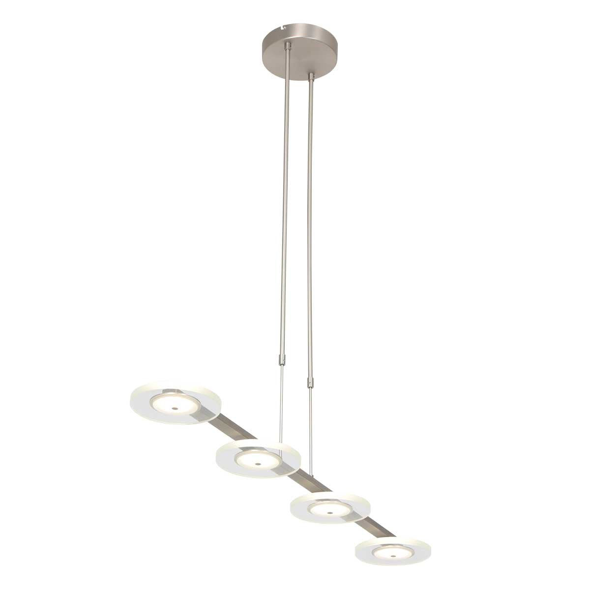 Perspective du luminaire montrant la structure métallique et les diffuseurs ronds alignés