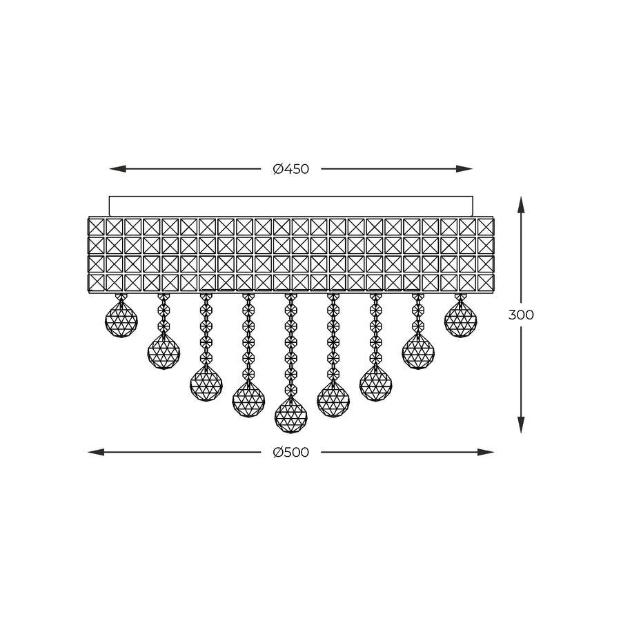 Schéma coté du luminaire indiquant diamètre 500 et hauteur 300 millimètres