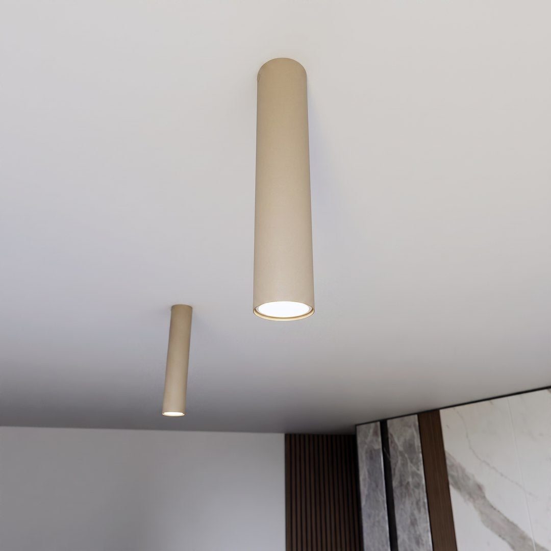Deux spots cylindriques beige fixés au plafond blanc, éclairage dirigé vers le sol