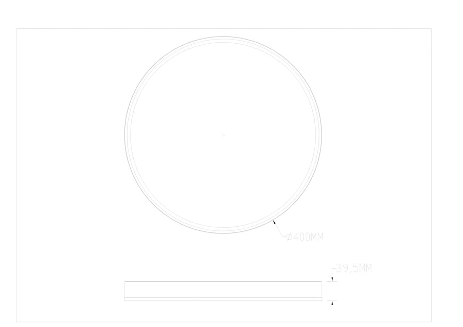 Schéma de dimensions du plafonnier rond : diamètre 400 mm, hauteur 39,5 mm.