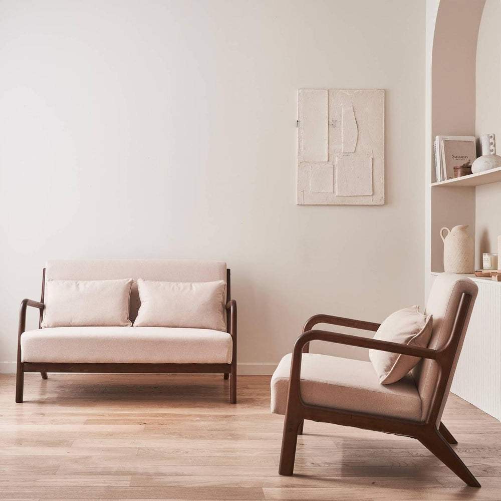 Alice'S Home - Banquette 2 Places + Fauteuil En Bois Et Tissu Beige. Bois D'Hévéa Teinté Noyer Clair | Designix - Amazon    - https://designix.fr/