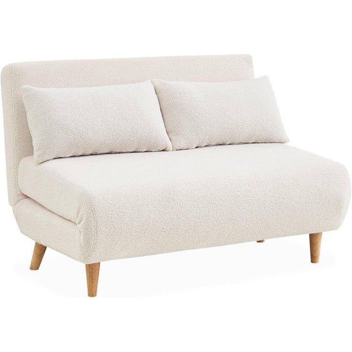 Alice'S Home - Canapé Convertible En Tissu Bouclettes Blanches- Guesta - 2 Places Scandinave. Pieds Bois Foncé. Banquette. Dossier Inclinable | Designix -     - https://designix.fr/