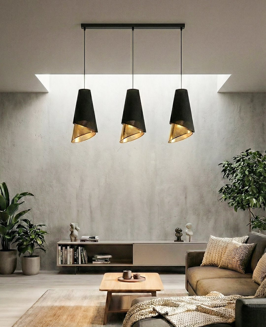 Suspension Moda 3 lumières noire, tissu doré