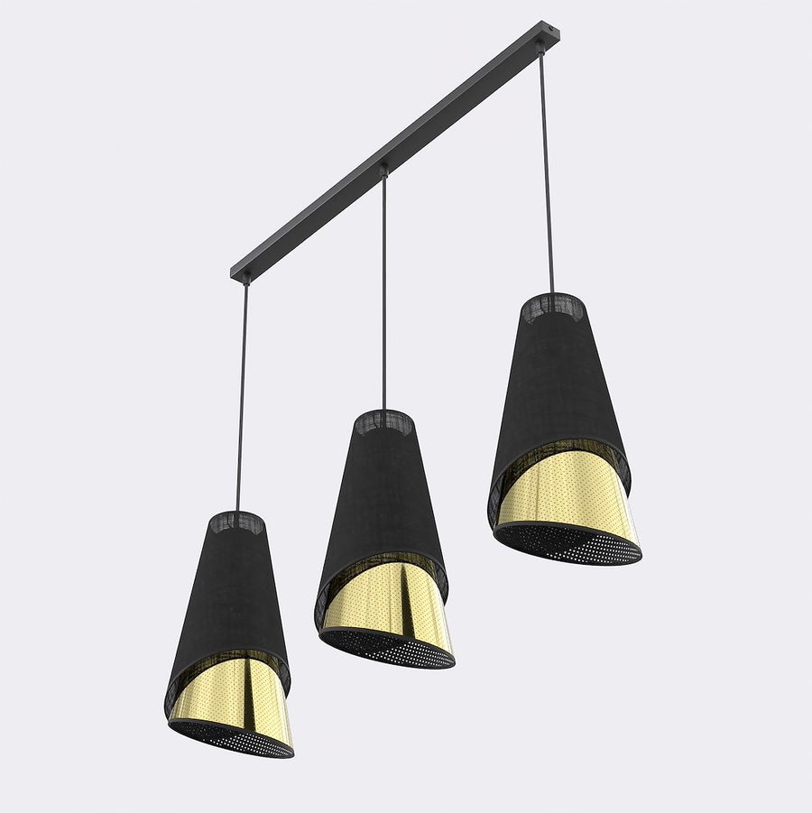 Suspension Moda 3 lumières noire, tissu doré