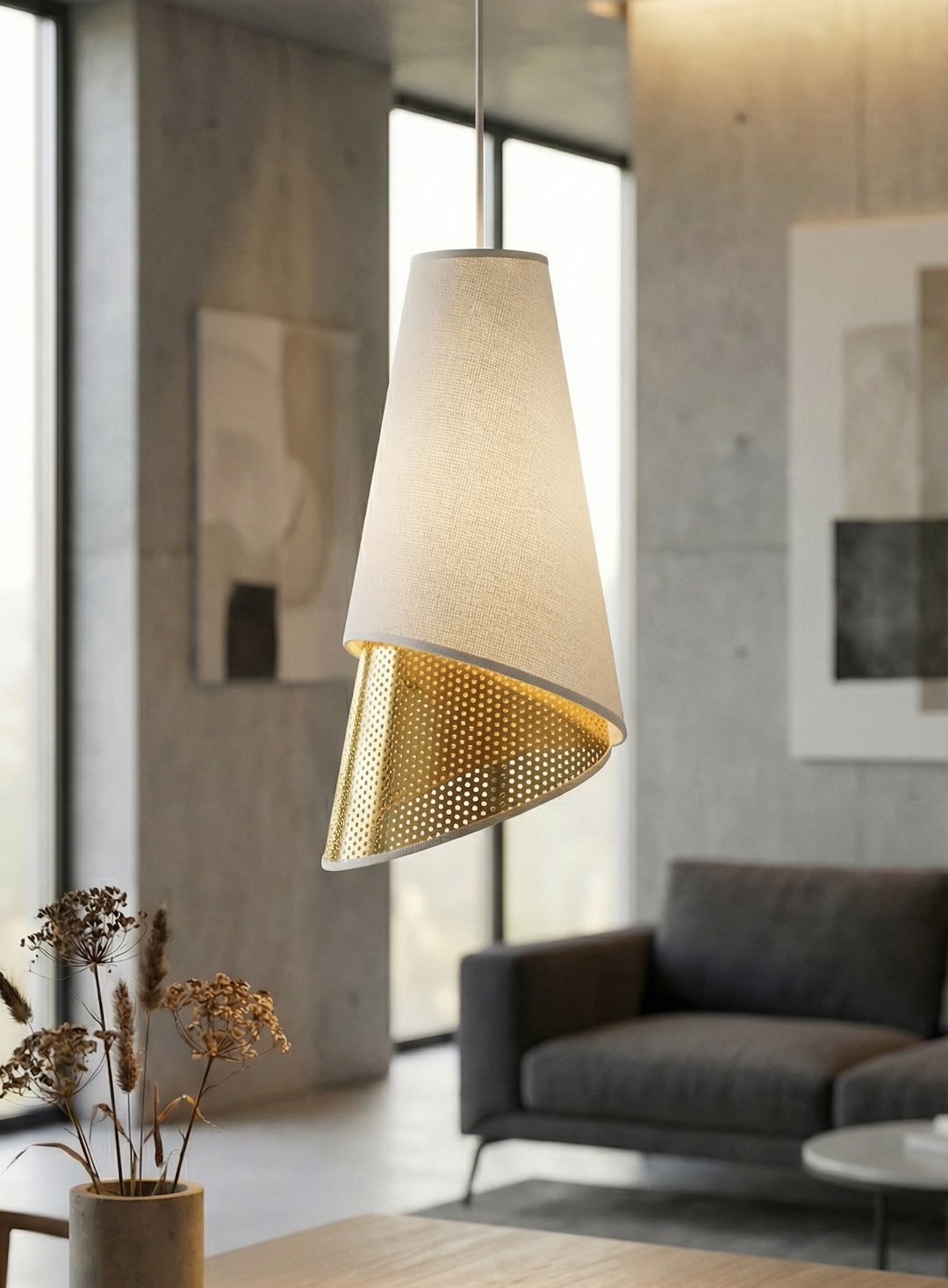 Gros plan du luminaire dans un salon contemporain, abat-jour textile et cône doré ajouré