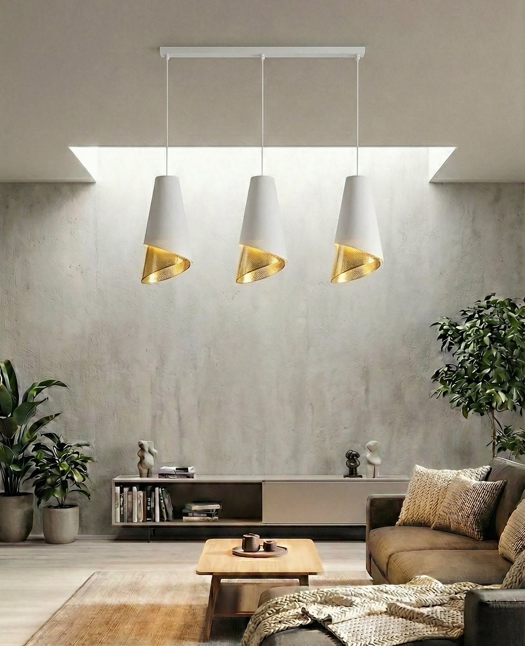 Suspension Moda 3 lumières blanche, tissu doré