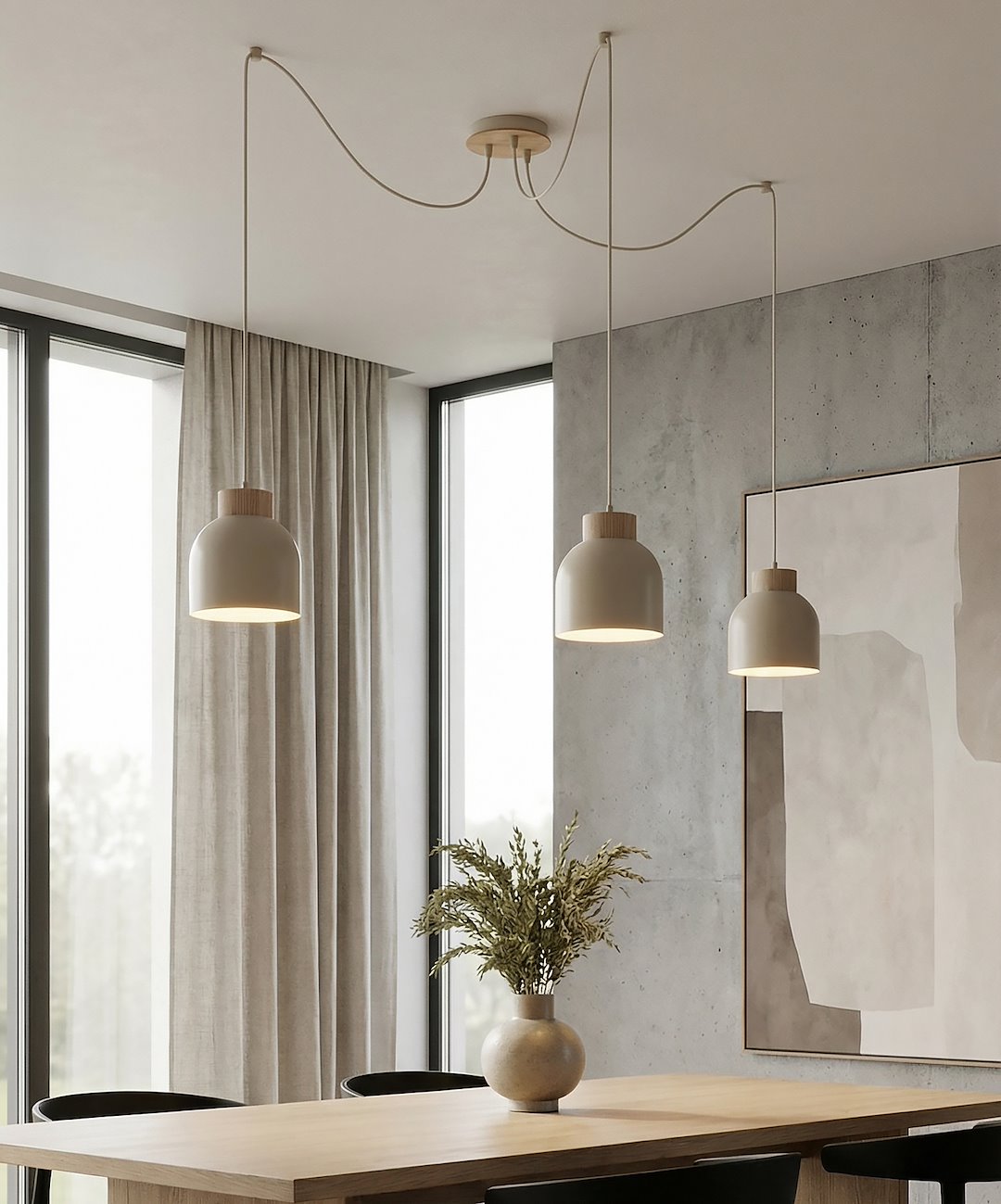 Suspension Kru 3 lumières beige, bois