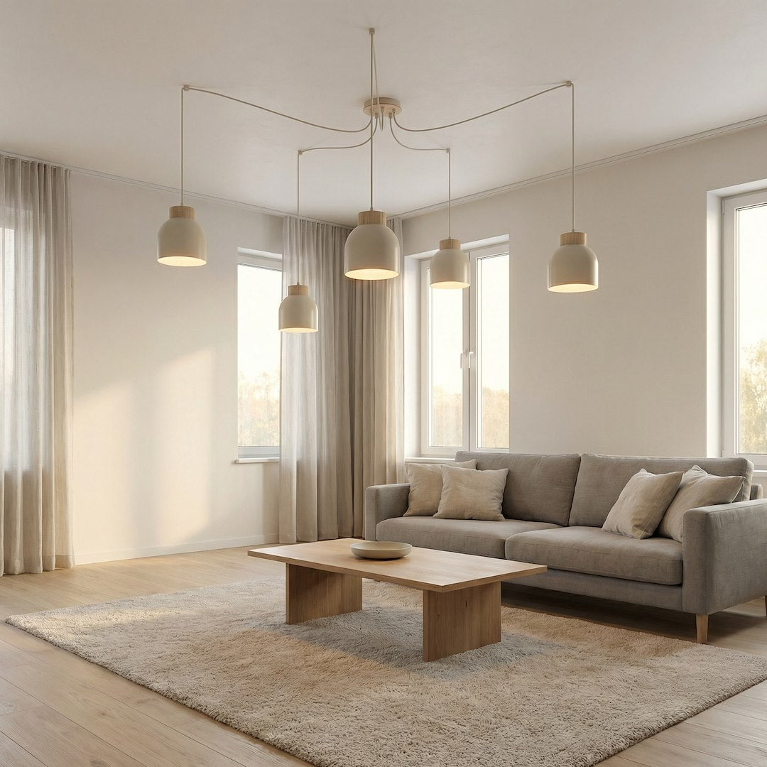 Suspension Kru 5 lumières beige, bois