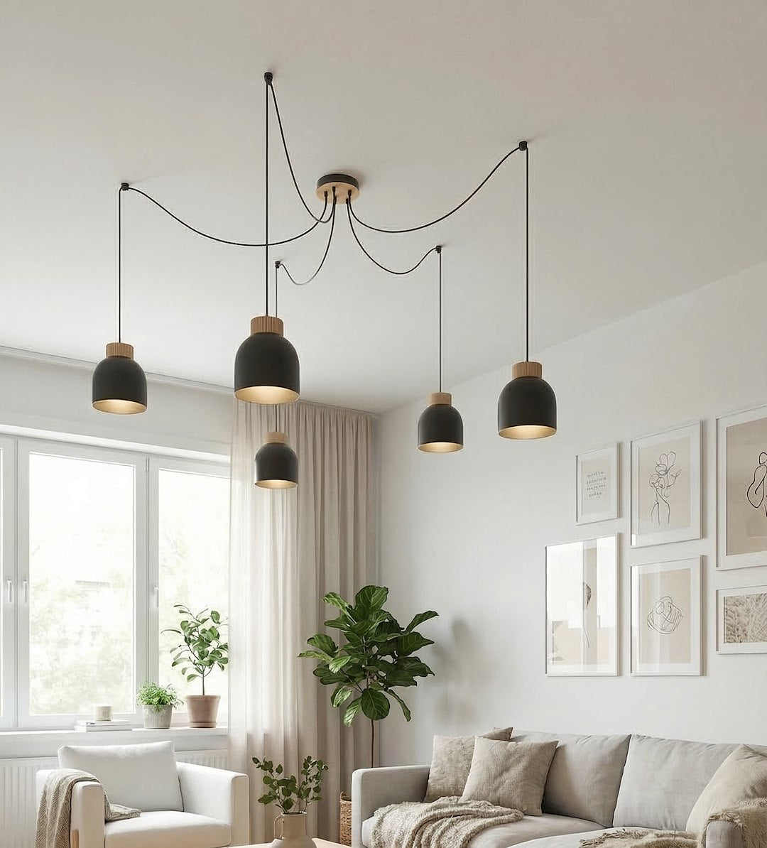 Suspension Kru 5 lumières noire, bois