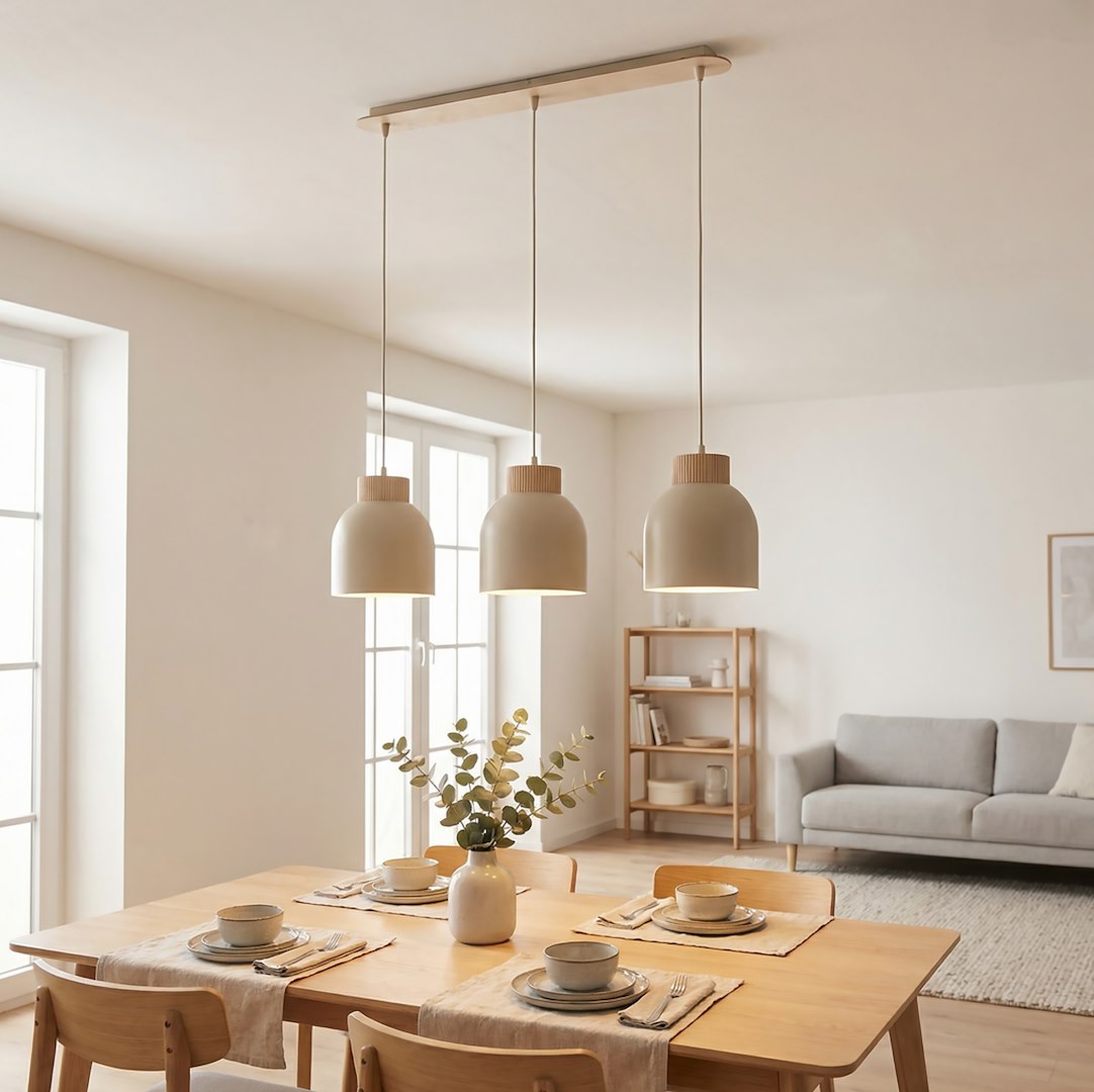 Suspension Vigo 3 lumières beige, bois