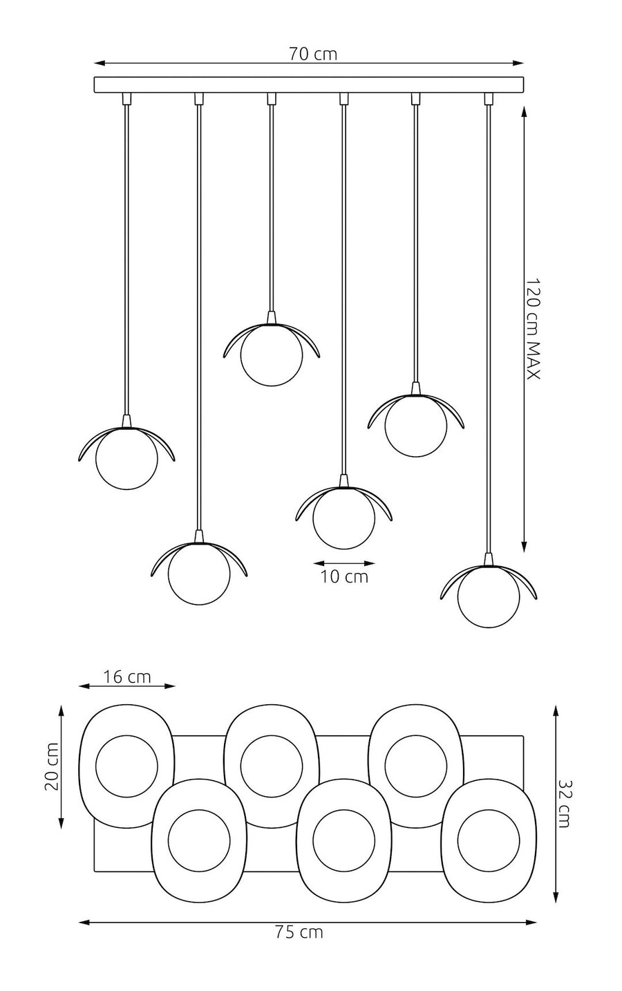 Schéma coté de face avec largeur 70 cm et hauteur maximale 120 cm