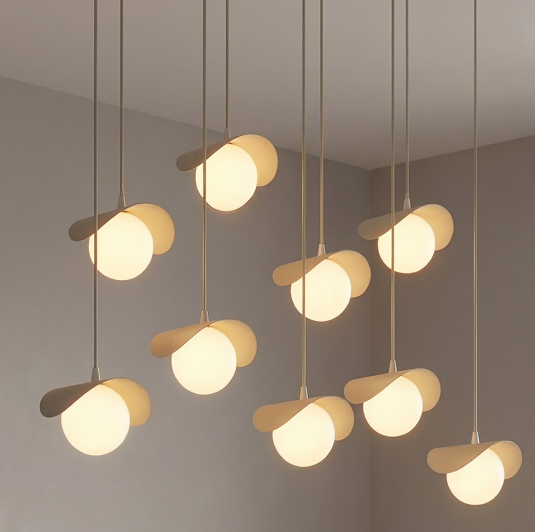 Suspension Ritual 9 lumières beige, verre blanc