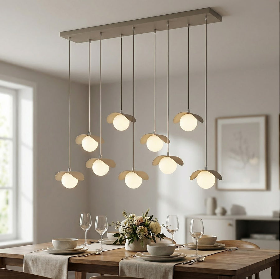 Suspension Ritual 9 lumières beige, verre blanc
