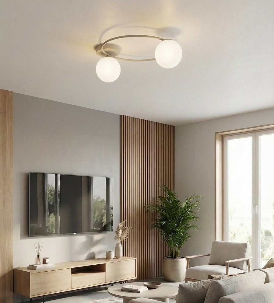 Mise en ambiance dans un salon moderne avec meuble TV, plante et claustra bois