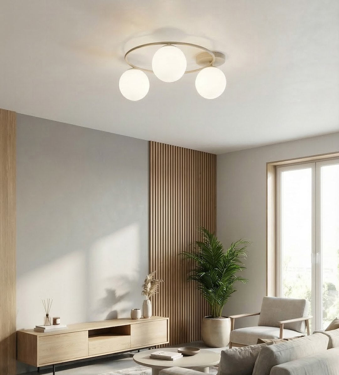 Mise en ambiance salon avec mur lambris bois, plante et meuble TV