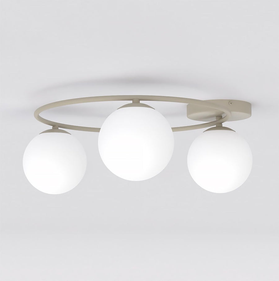 Détail du cercle beige, du socle de fixation et des globes