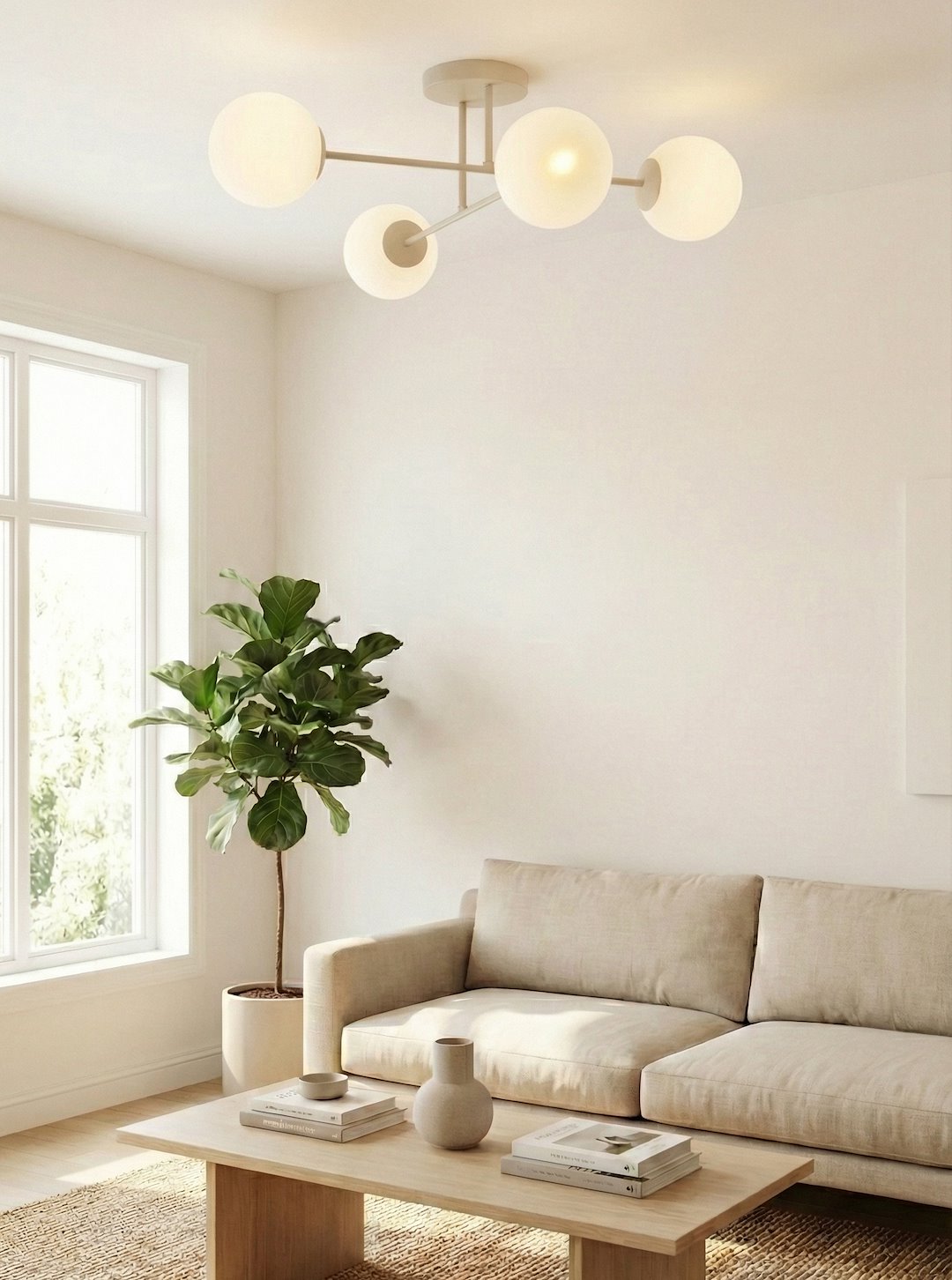Plafonnier Roma 4 lumières beige, verre blanc