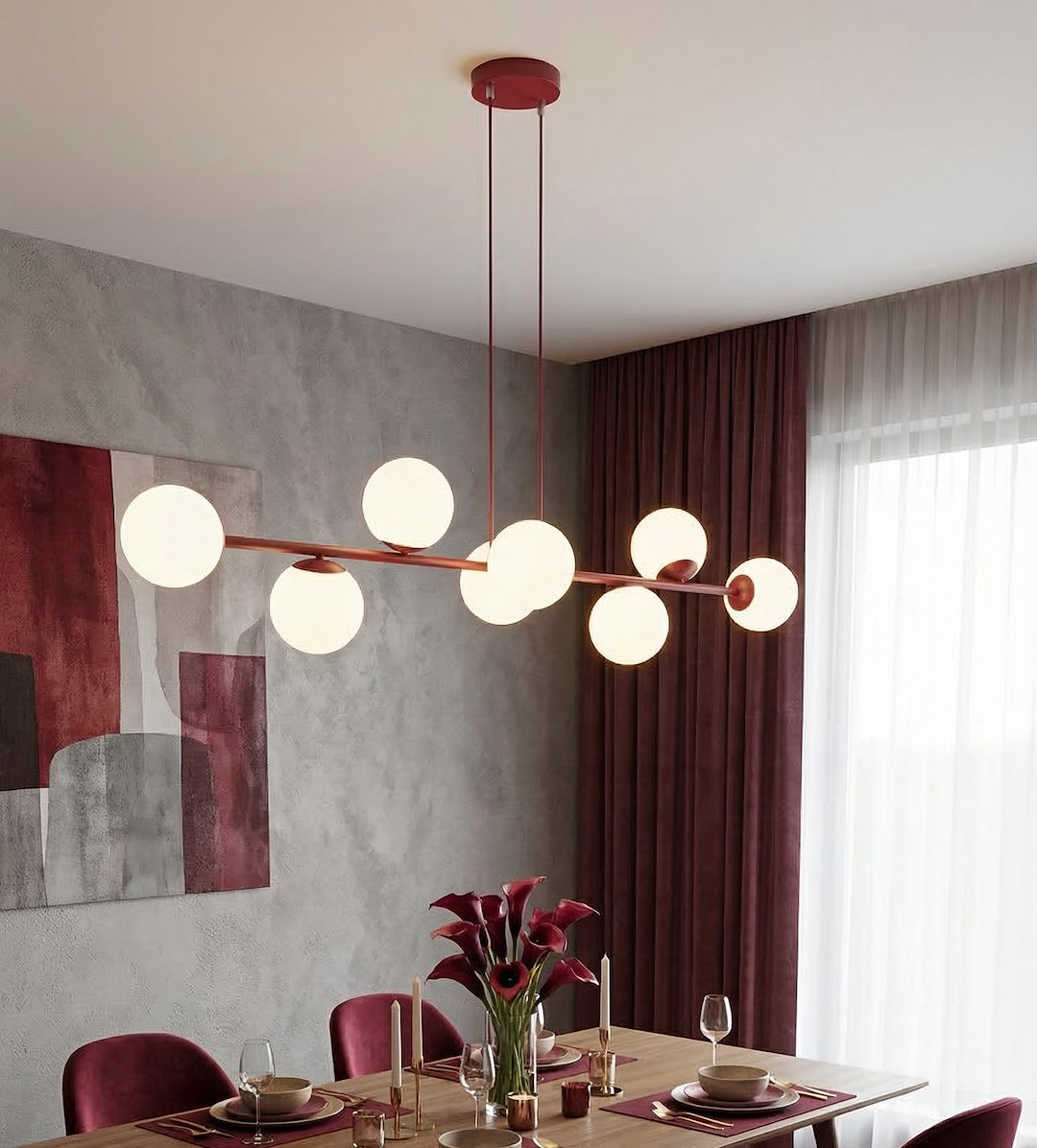 Suspension Magnus 8 lumières bordeaux, verre blanc