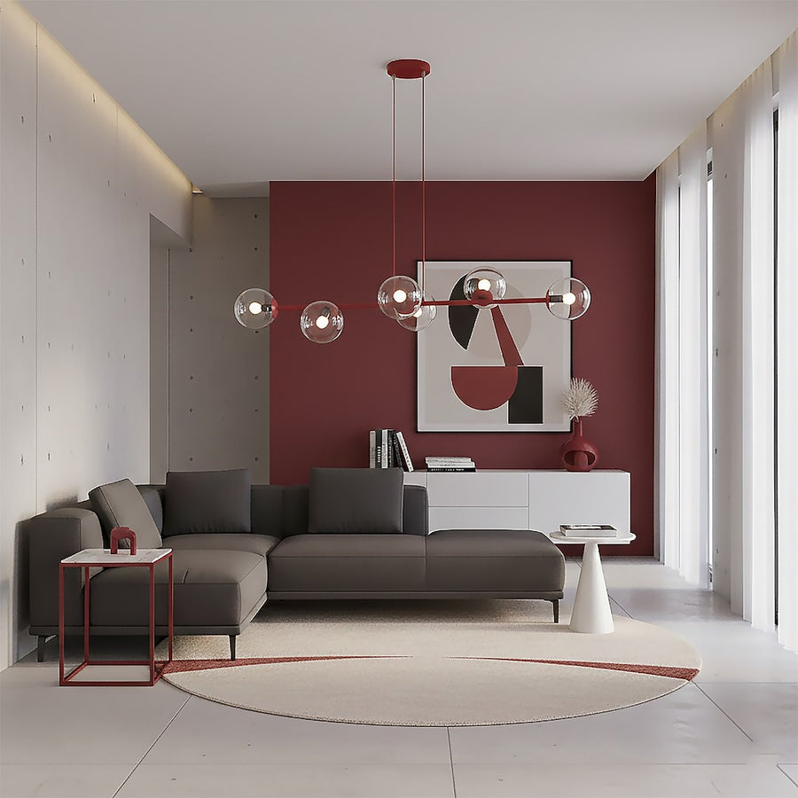 Suspension Magnus 6 lumières bordeaux, verre transparent