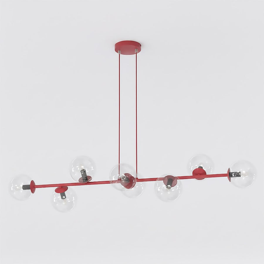 Vue de face sur fond blanc, barre rouge horizontale portant huit globes transparents