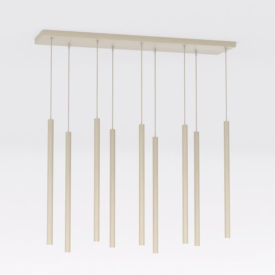 Produit de face, neuf tubes beige suspendus sous un support rectangulaire fin