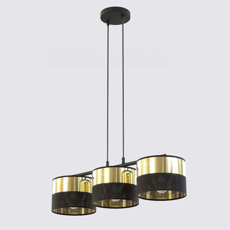 Suspension Lux 3 lumières noire, tissu doré, H 20 cm