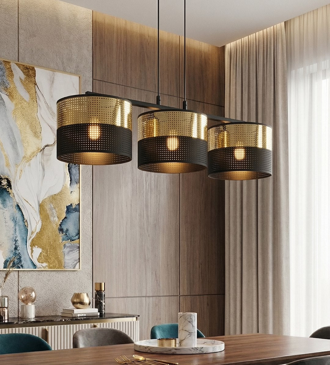 Suspension Lux 3 lumières noire, tissu doré