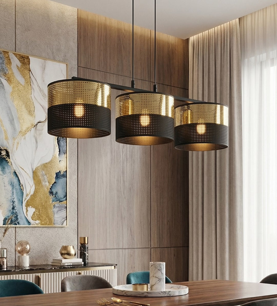 Suspension Lux 3 lumières noire, tissu doré
