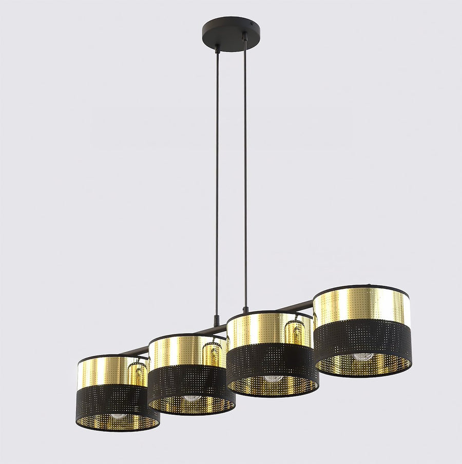 Vue de face du luminaire sur fond blanc avec ses quatre abat-jours cylindriques