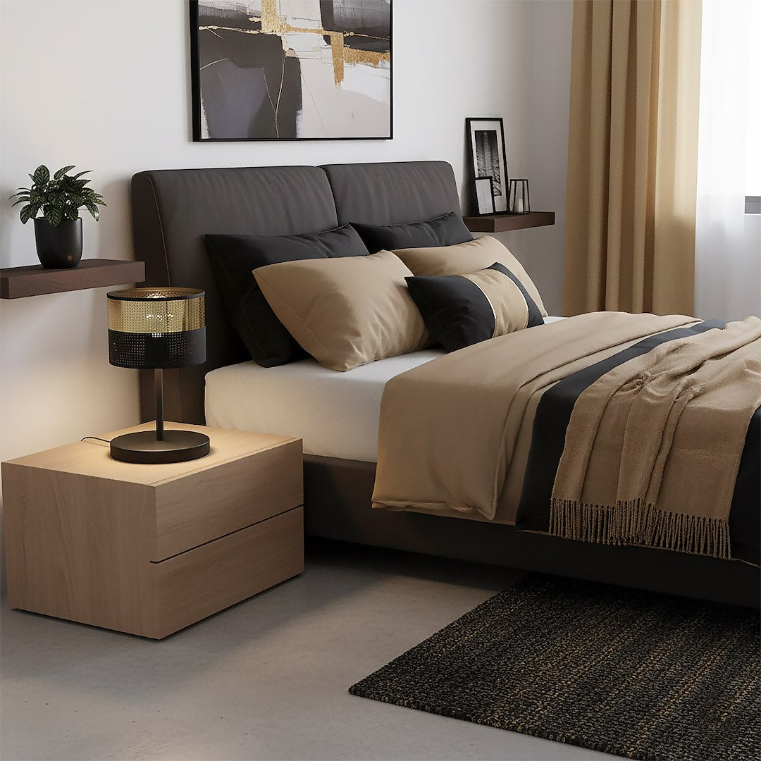 Lampe à poser Lux noire, tissu doré