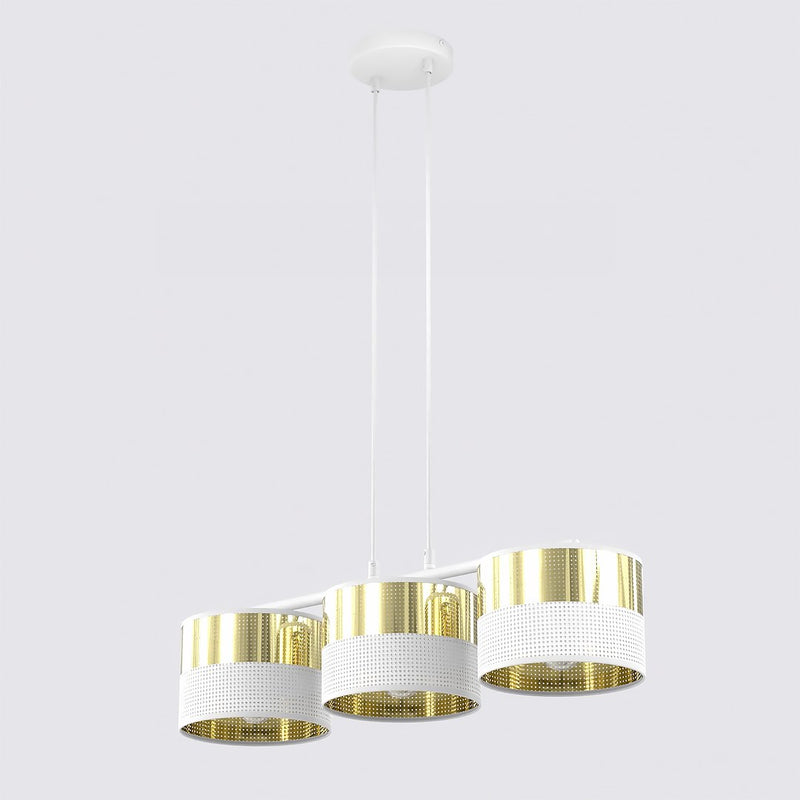 Suspension Lux 3 lumières blanche, tissu doré, H 20 cm
