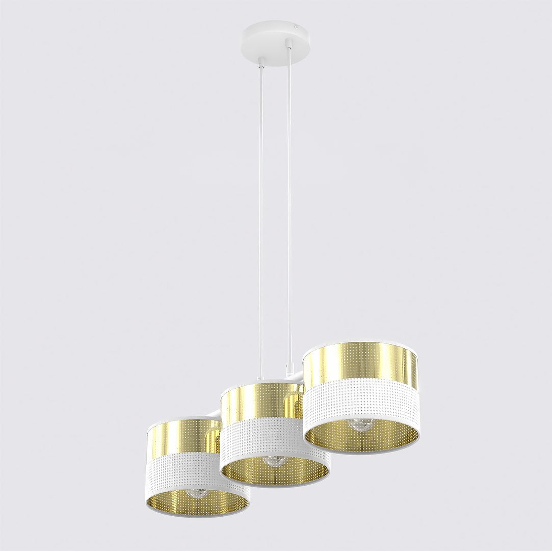 Suspension Lux 3 lumières blanche, tissu doré