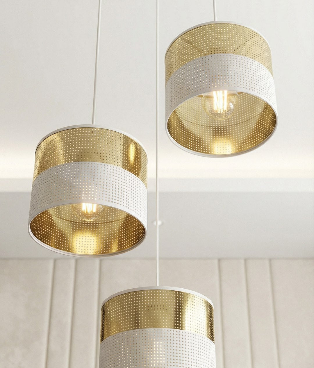 Suspension Lux 3 lumières blanche, tissu doré, H 43 cm
