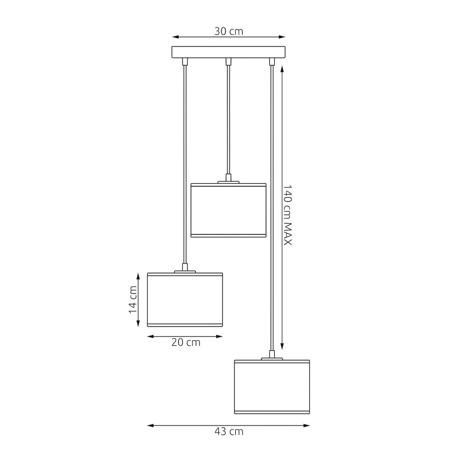 Schéma coté du luminaire avec dimensions 30 cm, 140 cm max, 20 cm et 43 cm.