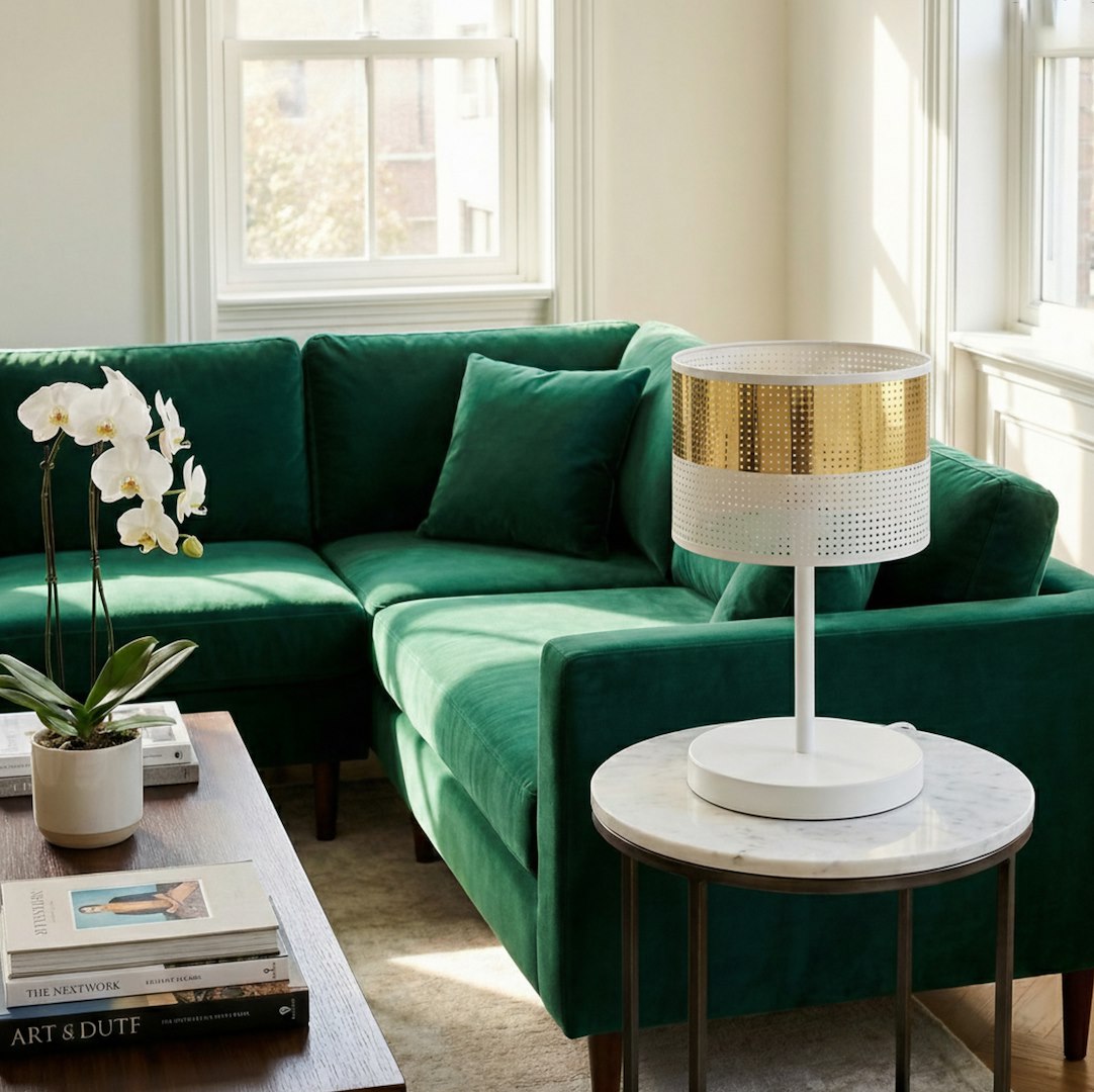 Mise en scène dans un salon, canapé vert émeraude et table d'appoint en marbre.