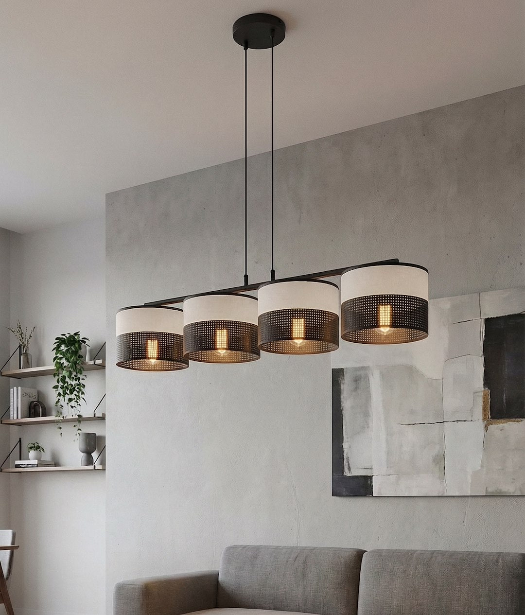 Suspension Karbon 4 lumières noire, tissu gris