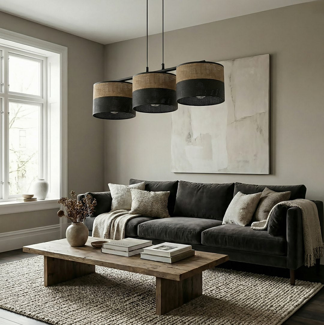 Mise en ambiance salon : canapé sombre, tableau clair et luminaire suspendu au-dessus du salon