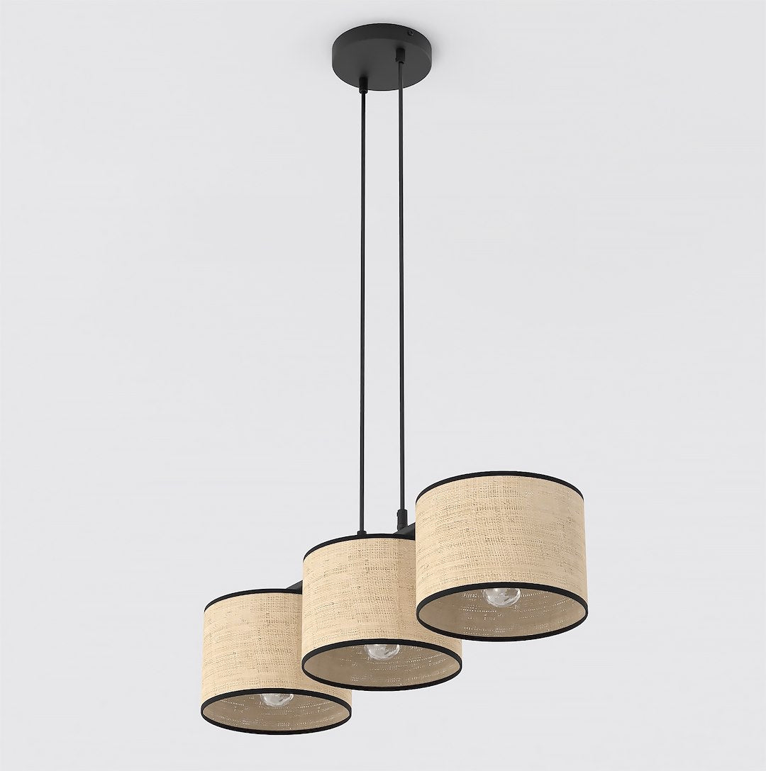 Suspension Eco 3 lumières noire, rotin