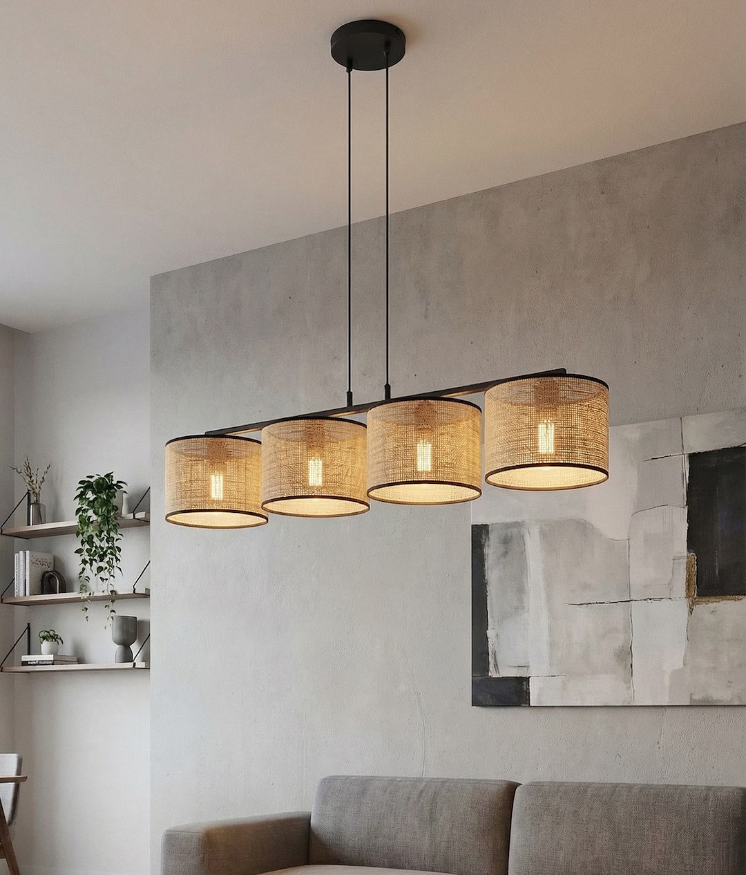 Suspension Eco 4 lumières noire, rotin
