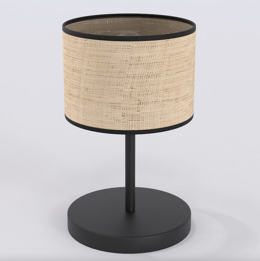 Produit seul de face : abat-jour cylindrique en rotin tressé, socle et tige métal noir