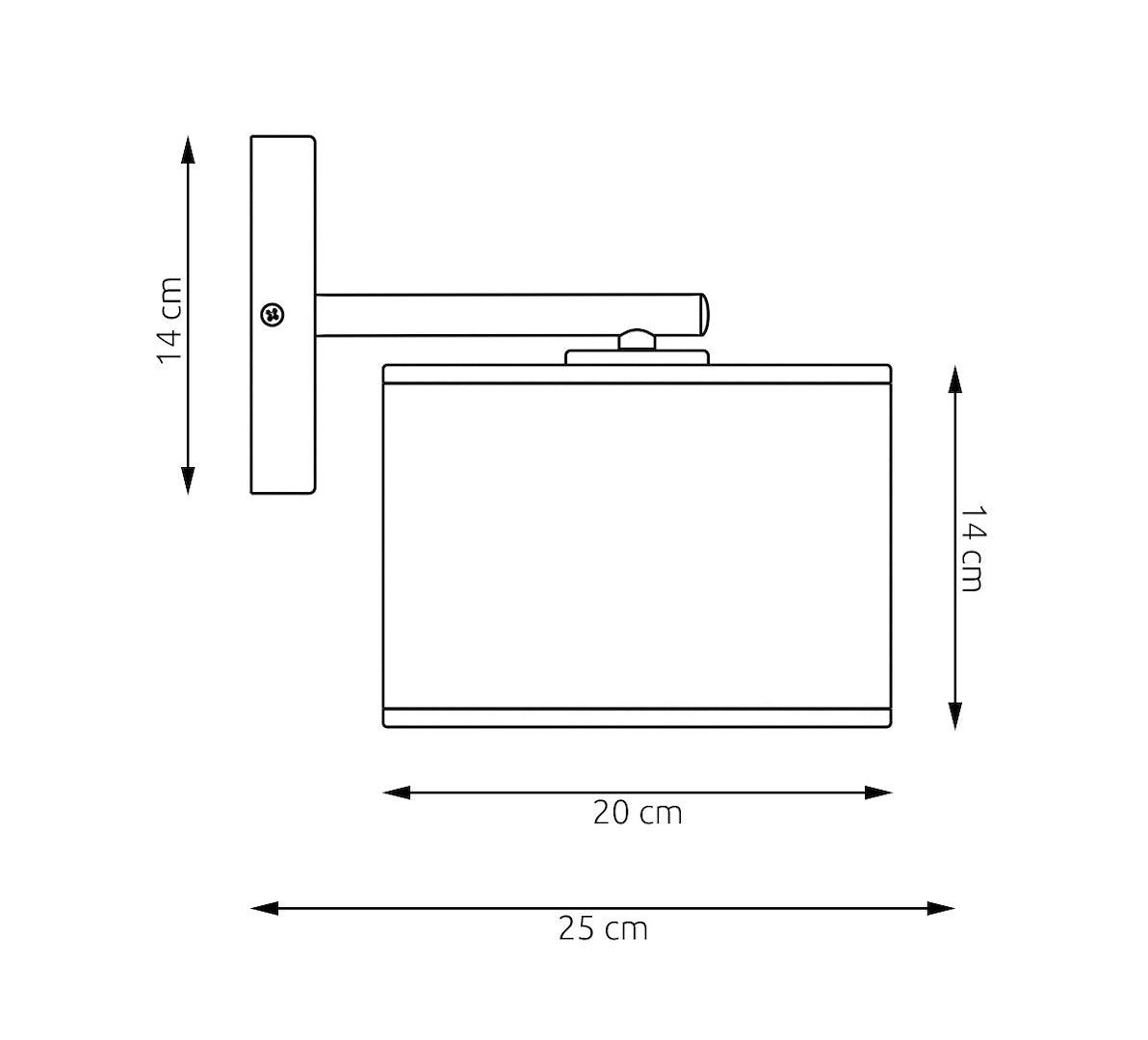 Schéma coté : hauteur 14 cm, abat-jour 20 cm, saillie 25 cm